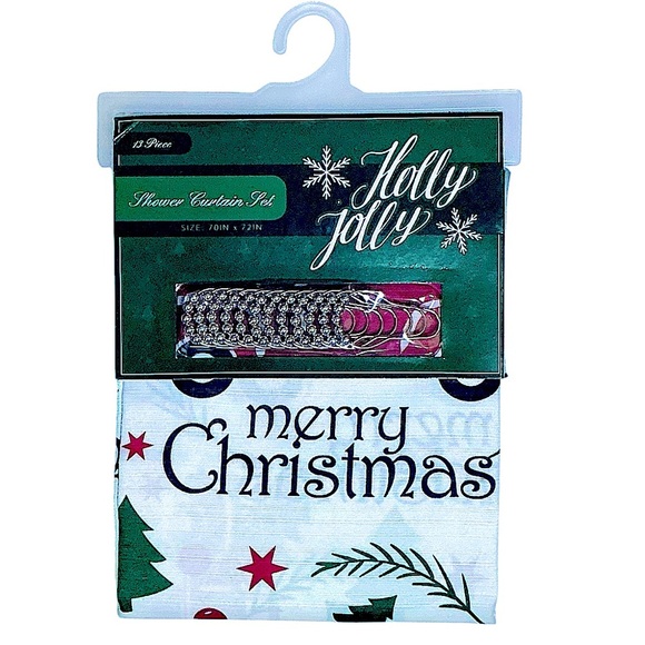 Holiday Shower Fabric Curtain Set Christmas Trucks 13 PC Set 70 x 72 White Red - Picture 2 of 16